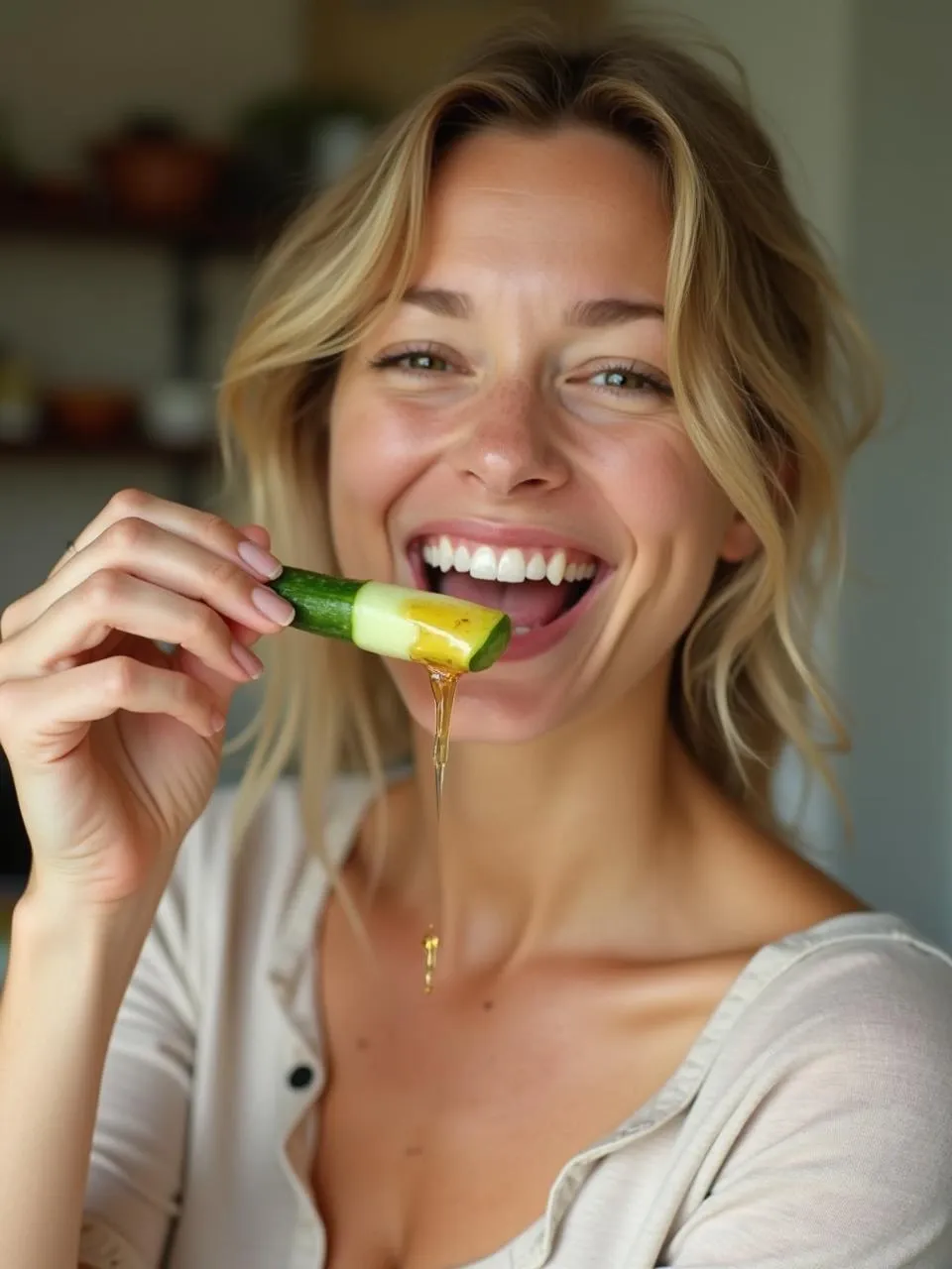 A cheerful young woman holding a cucumber stick with honey, smiling in a bright summer setting.