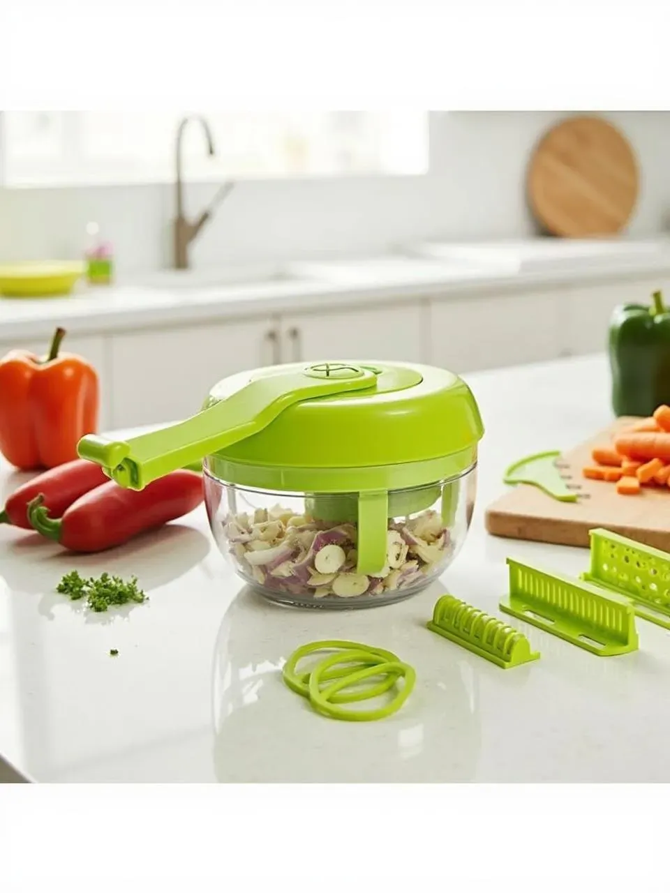 12-in-1 vegetable chopper on a kitchen counter filled with chopped vegetables, blades and fresh produce nearby.