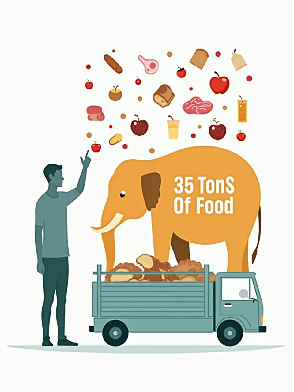 Infographic showing a human figure next to icons representing 35 tons of food, including fruits, bread, meat, and drinks, compared to the weight of elephants or a truck.