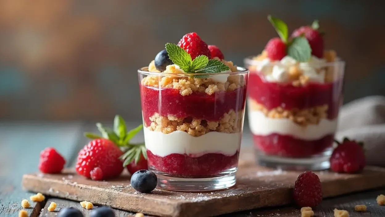 Traditional Latvian Rupjmaizes Kārtojums dessert layered in a glass with rye crumbs, whipped cream, and berry jam.