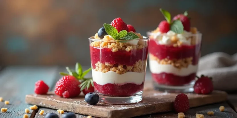Traditional Latvian Rupjmaizes Kārtojums dessert layered in a glass with rye crumbs, whipped cream, and berry jam.
