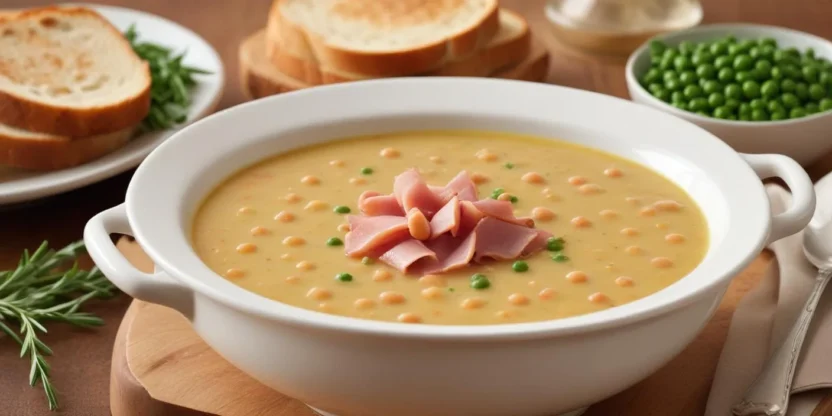 Traditional Swedish pea soup (Ärtsoppa) served hot in a bowl, made with yellow peas and seasoned with herbs and mustard.