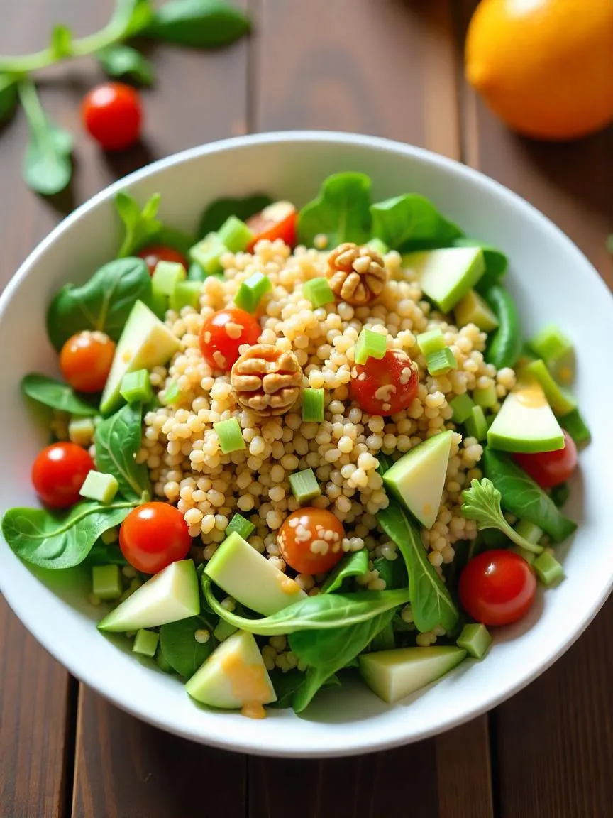 Bowl of arugula quinoa Waldorf salad with apples, walnuts, and creamy orange dressing. 