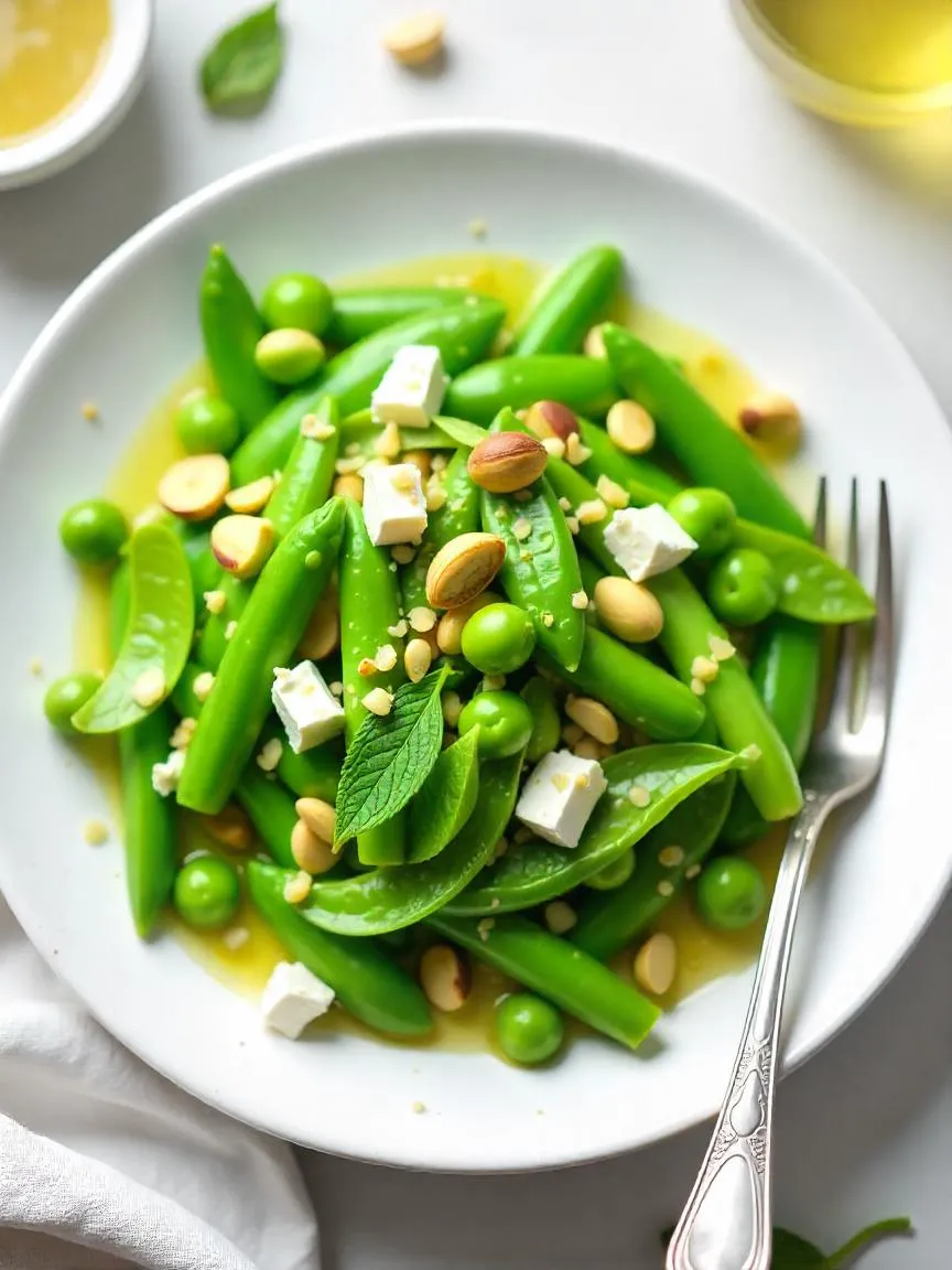 Spring salad with asparagus, peas, feta, mint, and pistachios on a white plate with lemon vinaigrette. 