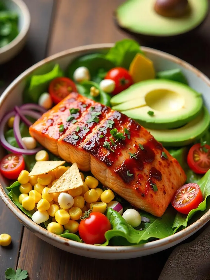 Grilled BBQ salmon on a bed of fresh greens with corn and avocado. 