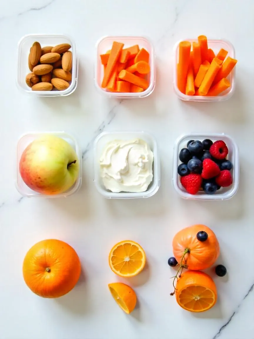 Healthy snack portions with nuts, fruits, yogurt, vegetables, and cheese arranged for work.