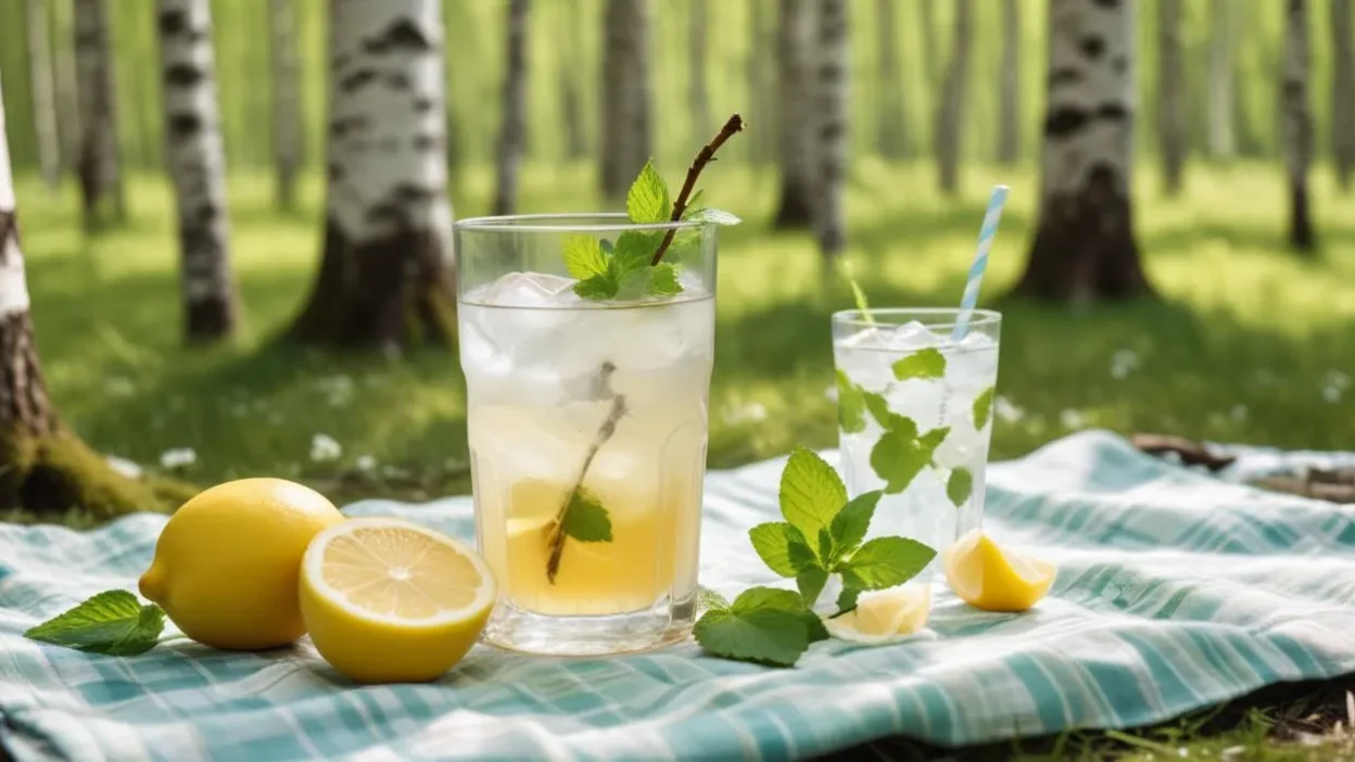 Fresh birch sap drink with lemon and mint, served over ice in a clear glass. A traditional and refreshing spring beverage from Estonia.