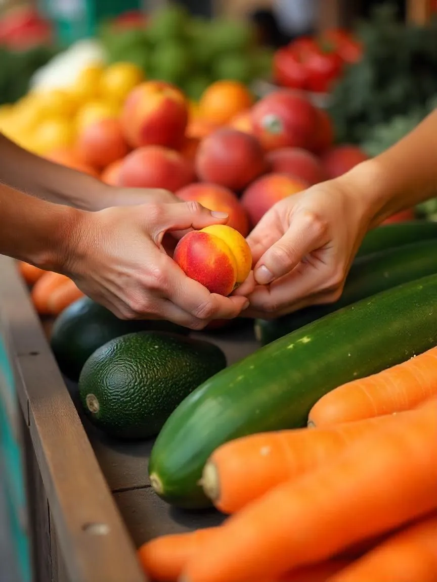 Hands gently checking the texture of peaches, avocados, cucumbers, and carrots for freshness.