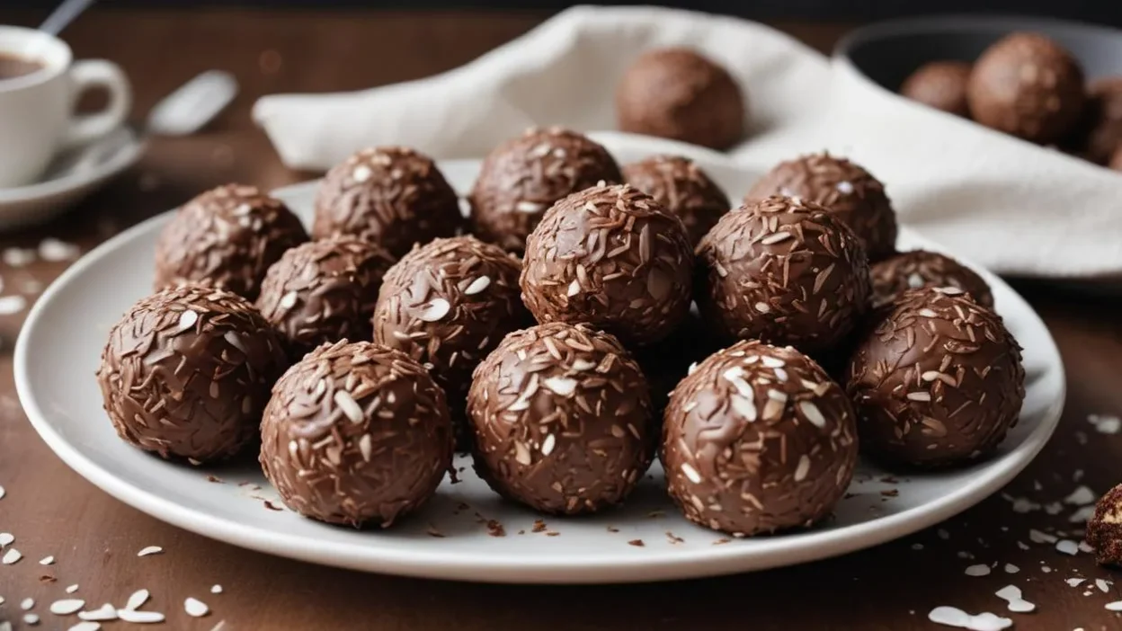 A plate of delicious no-bake chokladbollar, Swedish chocolate oat balls, garnished with chocolate sprinkles and shredded coconut, perfect for fika.