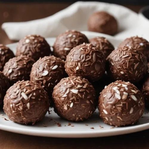 A plate of delicious no-bake chokladbollar, Swedish chocolate oat balls, garnished with chocolate sprinkles and shredded coconut, perfect for fika.
