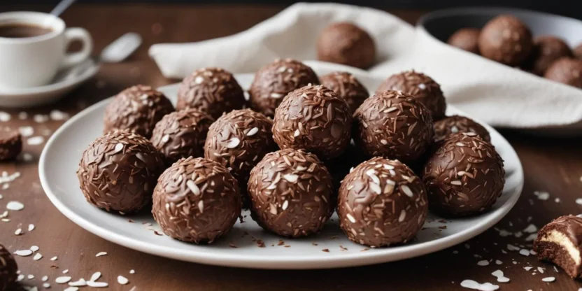 A plate of delicious no-bake chokladbollar, Swedish chocolate oat balls, garnished with chocolate sprinkles and shredded coconut, perfect for fika.