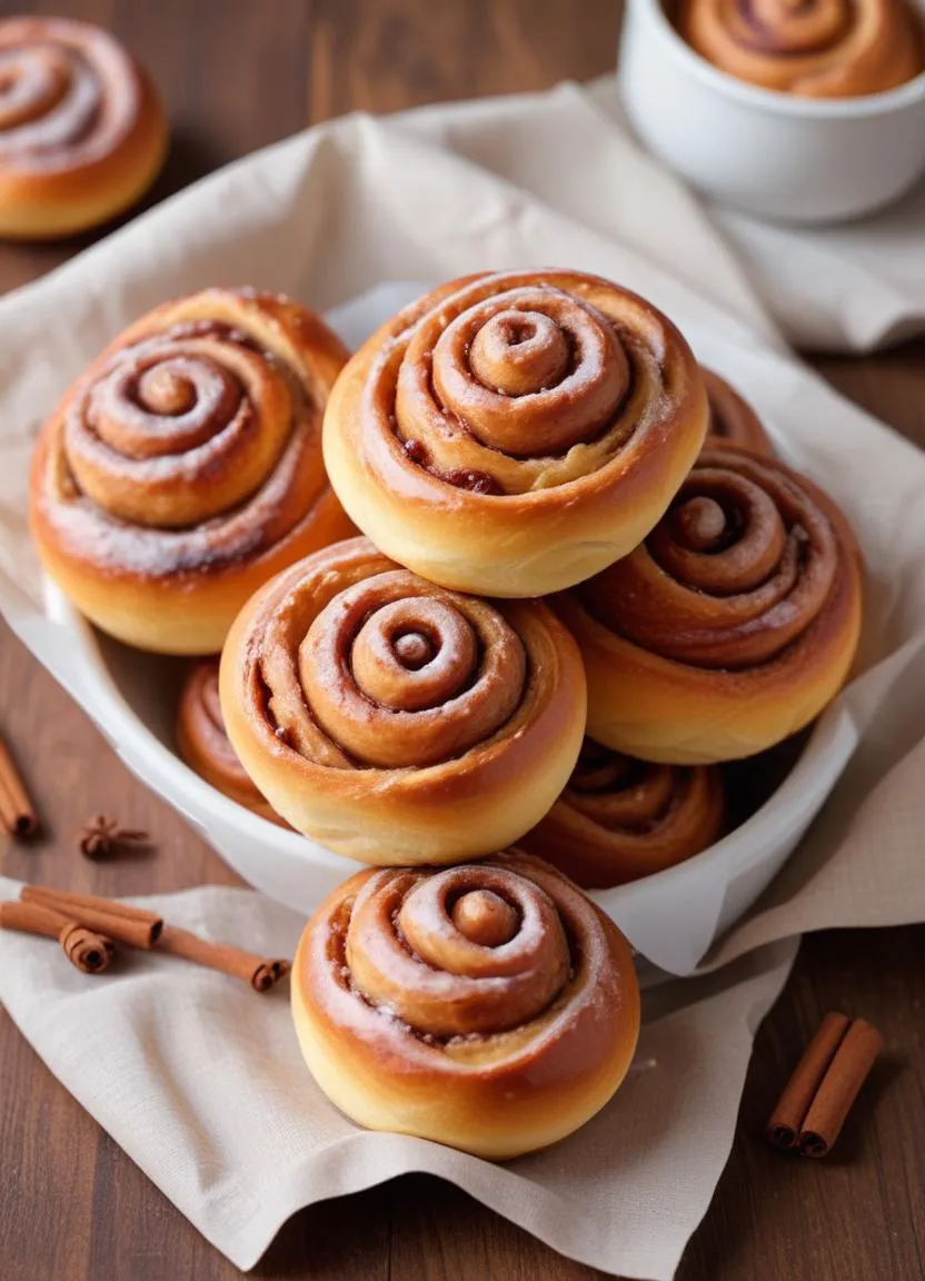 Golden-brown kanelbullar, traditional Swedish cinnamon buns, topped with sparkling pearl sugar, perfect for fika time.