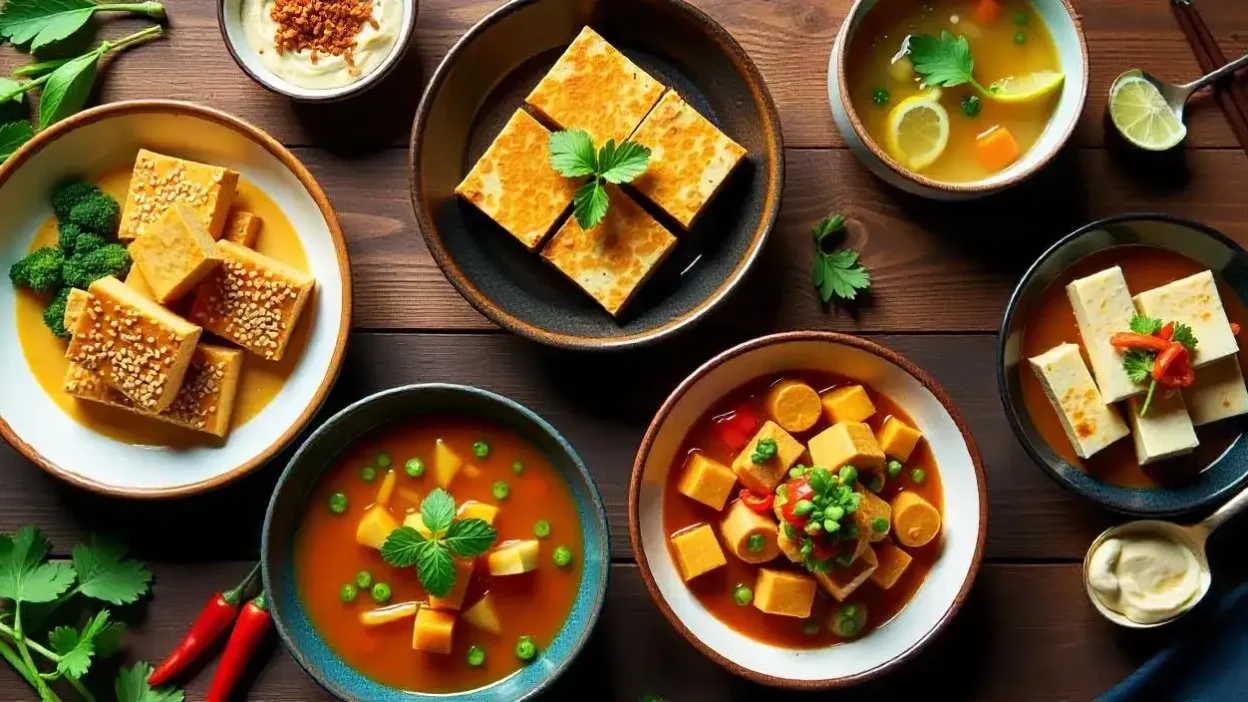 A variety of tofu dishes including crispy, creamy, stir-fried, and miso soup, displayed together on a rustic wooden table.