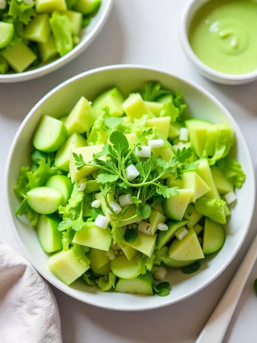 A fresh green salad with creamy avocado dressing and spring vegetables. 