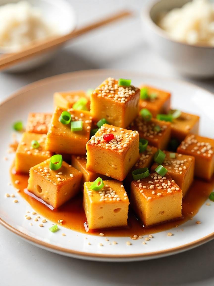 Golden crispy sesame tofu cubes glazed with sauce, garnished with green onions and served with rice.