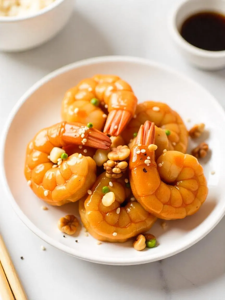 Golden fried shrimp coated in honey sauce, topped with candied walnuts and sesame seeds, served alongside rice on a white plate.