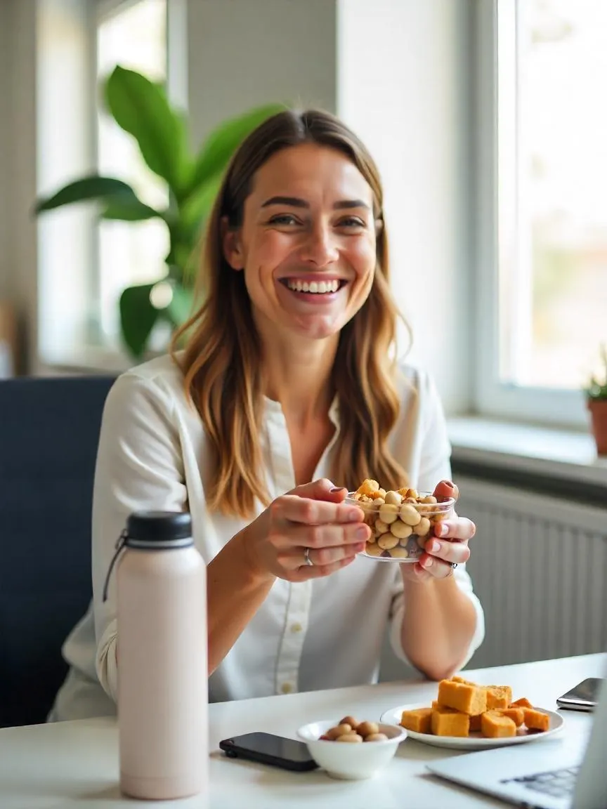 Person enjoying healthy snacks at work, including fresh fruits and nuts on a desk.