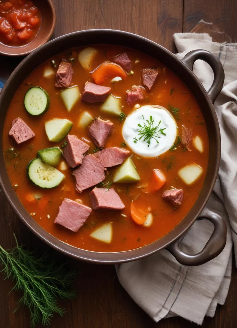 Estonian seljanka soup served hot with smoked pork, pickled vegetables, and a slice of lemon, perfect for warming up during cold weather.