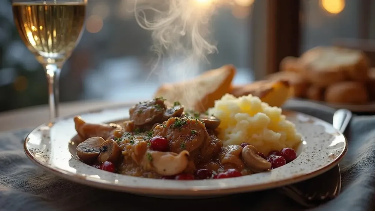 Traditional Norwegian Finnbiff stew in a rustic bowl, served with potatoes and lingonberries