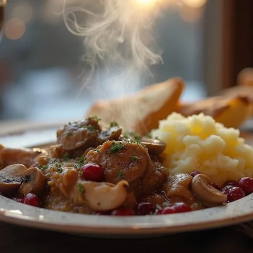 Traditional Norwegian Finnbiff stew in a rustic bowl, served with potatoes and lingonberries