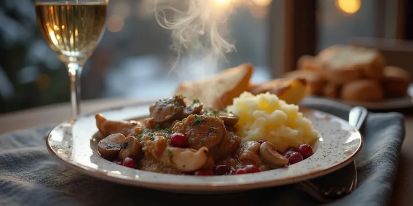 Traditional Norwegian Finnbiff stew in a rustic bowl, served with potatoes and lingonberries