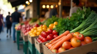 Farmers market display with colorful fresh fruits and vegetables in wooden baskets.