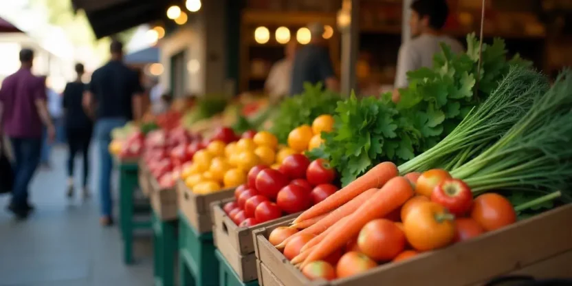 Farmers market display with colorful fresh fruits and vegetables in wooden baskets.