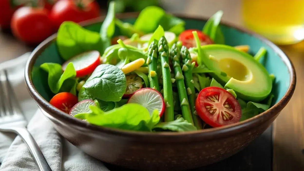 A colorful spring salad with greens, radishes, avocado, and tomatoes in a rustic bowl on a wooden table with soft sunlight.