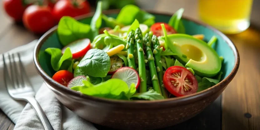 A colorful spring salad with greens, radishes, avocado, and tomatoes in a rustic bowl on a wooden table with soft sunlight.