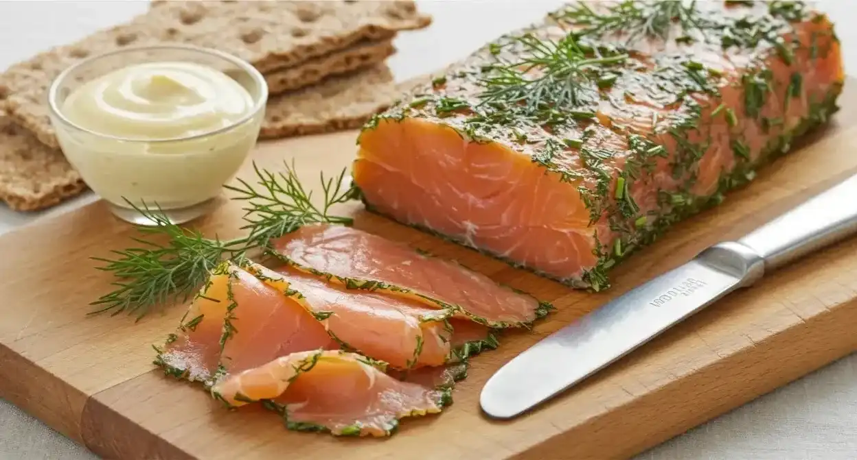 A refreshing glass of cold gravad lax, garnished with dill and served with rye bread and mustard sauce.