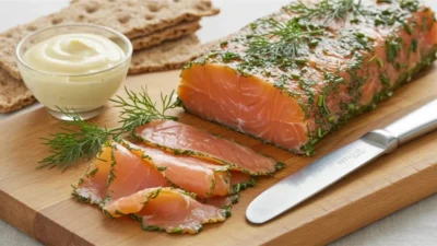 A refreshing glass of cold gravad lax, garnished with dill and served with rye bread and mustard sauce.