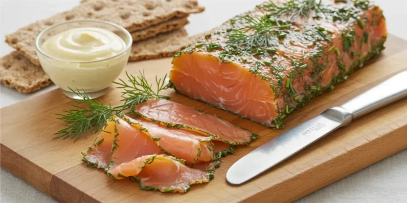 A refreshing glass of cold gravad lax, garnished with dill and served with rye bread and mustard sauce.