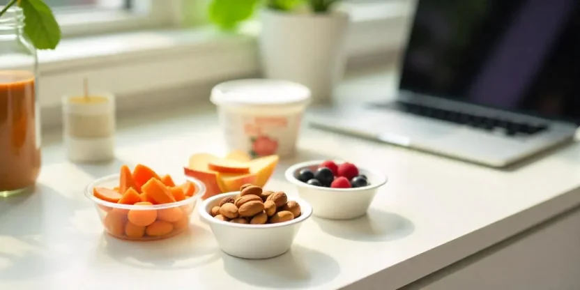 Office desk with healthy low-calorie snacks like nuts, fruits, veggies, yogurt, and water.