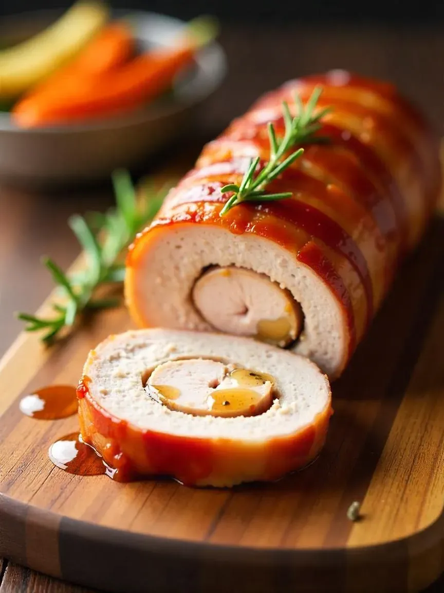 A juicy pork tenderloin wrapped in crispy bacon, glazed with honey, sliced on a wooden board with herbs and roasted vegetables on the side.