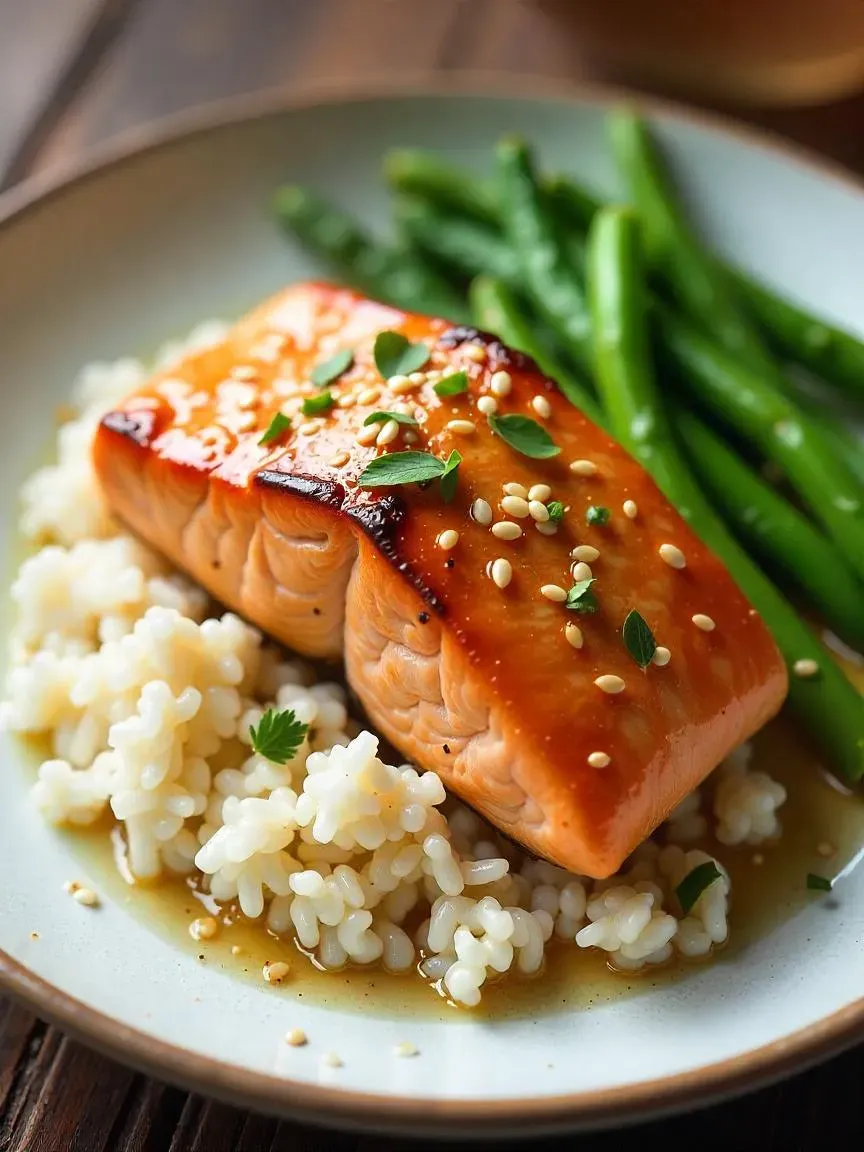 Salmon fillet with honey garlic glaze, served over rice with green vegetables and garnished with sesame seeds and herbs.