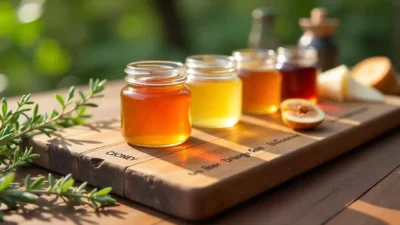 A wooden board showcasing assorted jars of honey labeled by variety, surrounded by cheese wedges, fresh fruit, herbs, and small cups of tea.