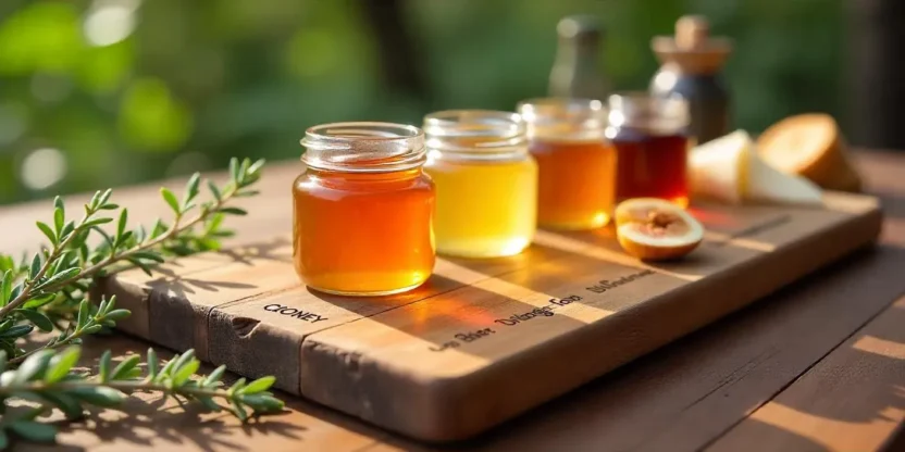 A wooden board showcasing assorted jars of honey labeled by variety, surrounded by cheese wedges, fresh fruit, herbs, and small cups of tea.