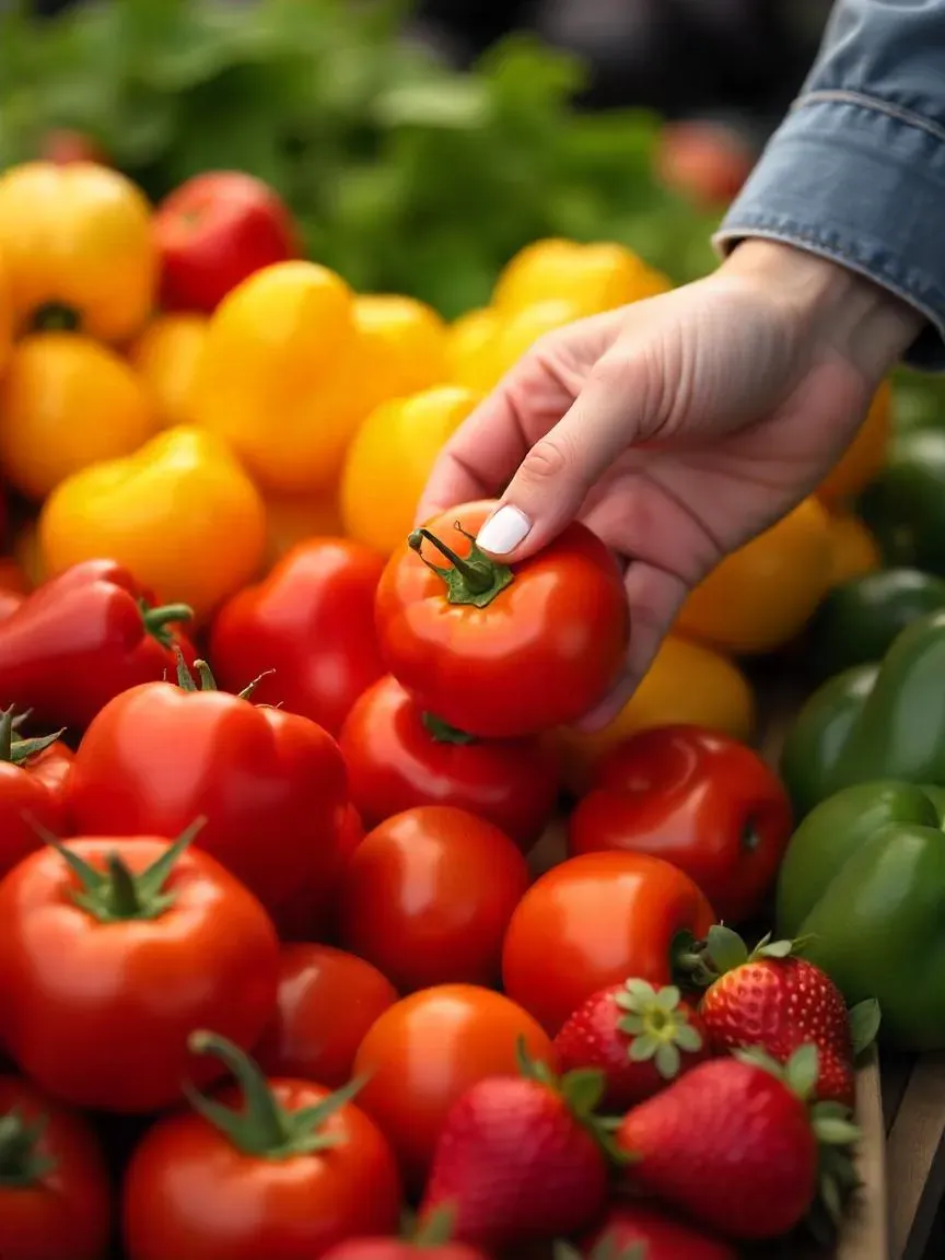 Hand inspecting fresh tomatoes and vegetables for ripeness at a market.