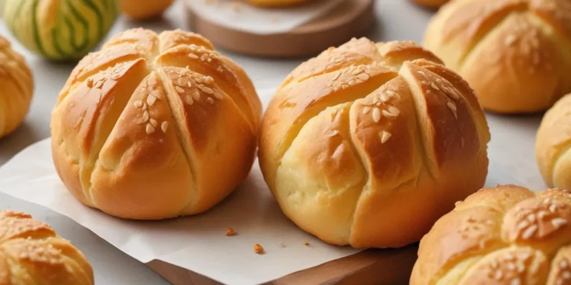 Freshly baked Japanese kashi pan displayed on a rustic tray featuring a variety of sweet and savory fillings.