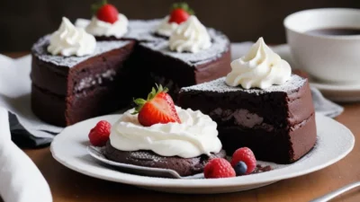 Traditional Swedish sticky chocolate cake with crispy edges, garnished with powdered sugar and served warm.