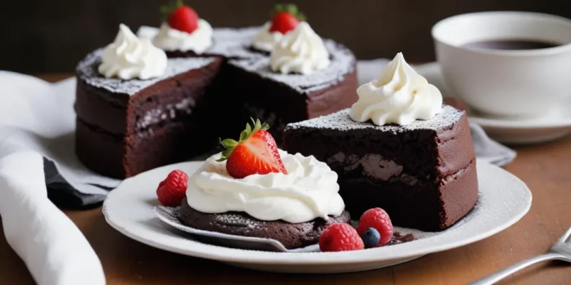 Traditional Swedish sticky chocolate cake with crispy edges, garnished with powdered sugar and served warm.