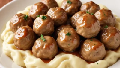 Traditional Swedish meatballs with creamy mashed potatoes, lingonberry jam, and pickled cucumber slices, served with rich brown gravy.