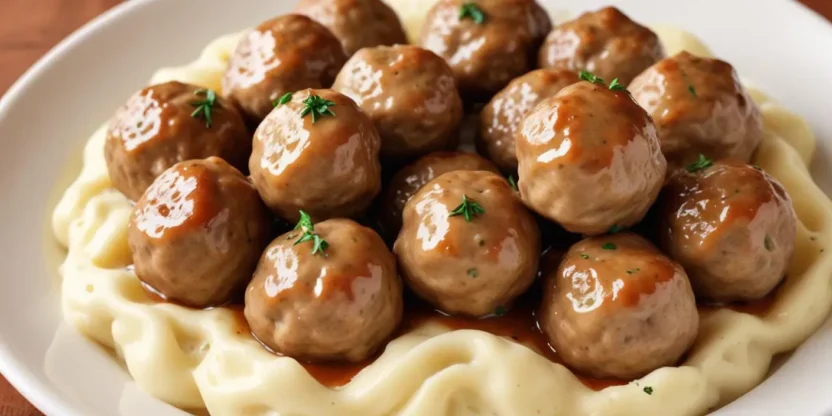 Traditional Swedish meatballs with creamy mashed potatoes, lingonberry jam, and pickled cucumber slices, served with rich brown gravy.
