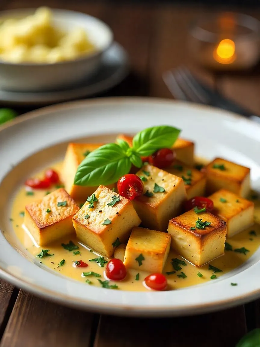 Crispy tofu cubes coated in creamy garlic herb sauce with sun-dried tomatoes and basil.