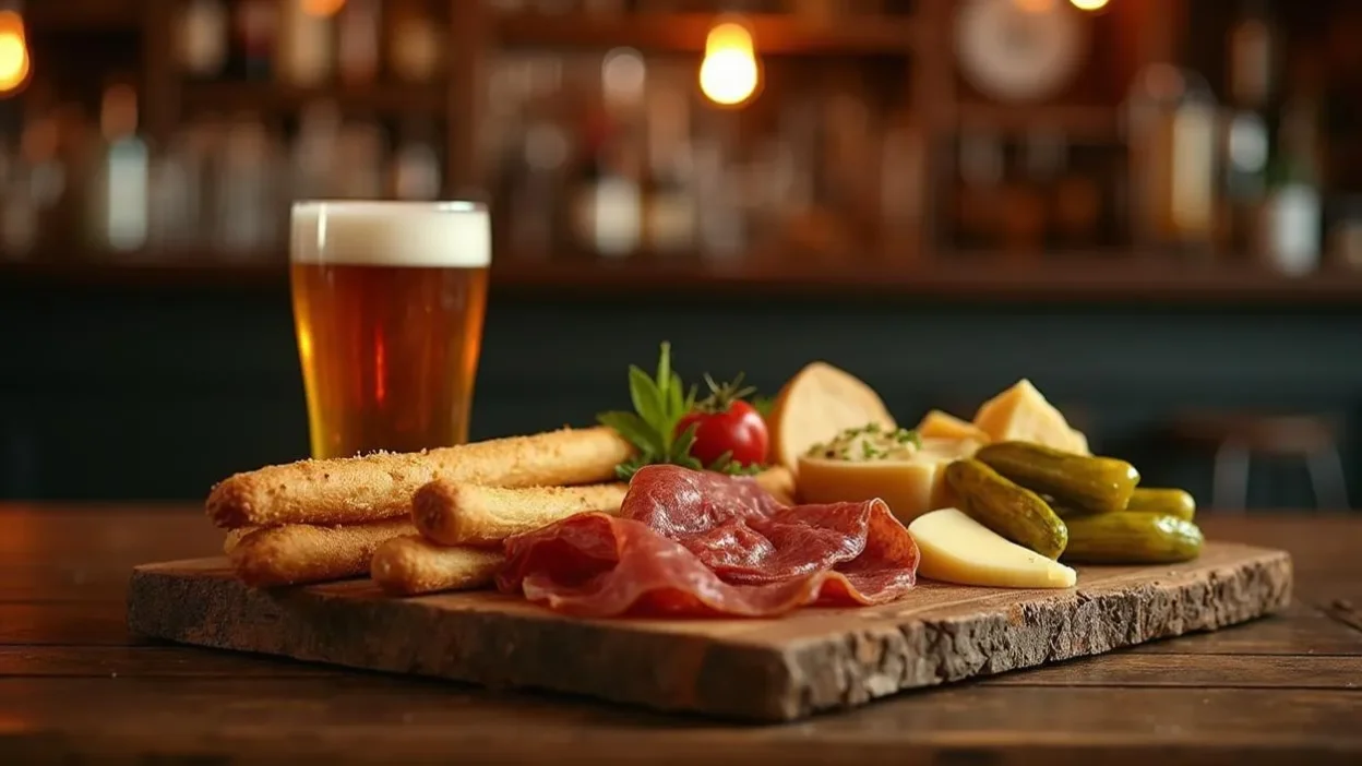 Traditional Latvian beer snack platter with garlic breadsticks, smoked meats, cheese, pickles, and beer in a cozy pub setting.