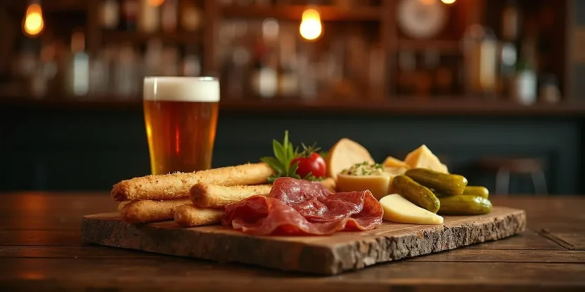 Traditional Latvian beer snack platter with garlic breadsticks, smoked meats, cheese, pickles, and beer in a cozy pub setting.