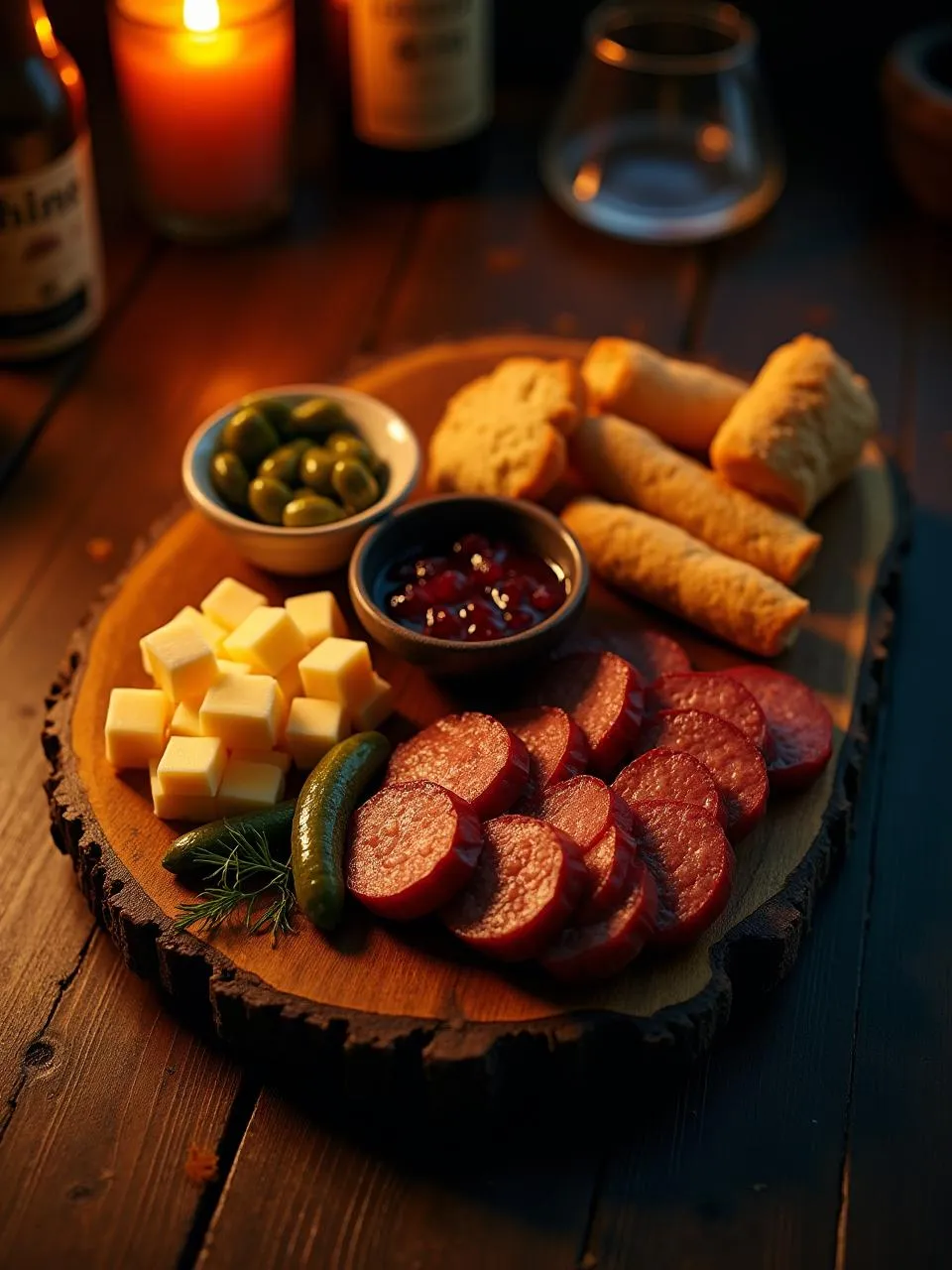 Top-down view of a Latvian-style appetizer board with smoked sausage, aged cheese cubes, pickles, garlic rye breadsticks, and berry jam on a wooden platter, served in a pub setting.