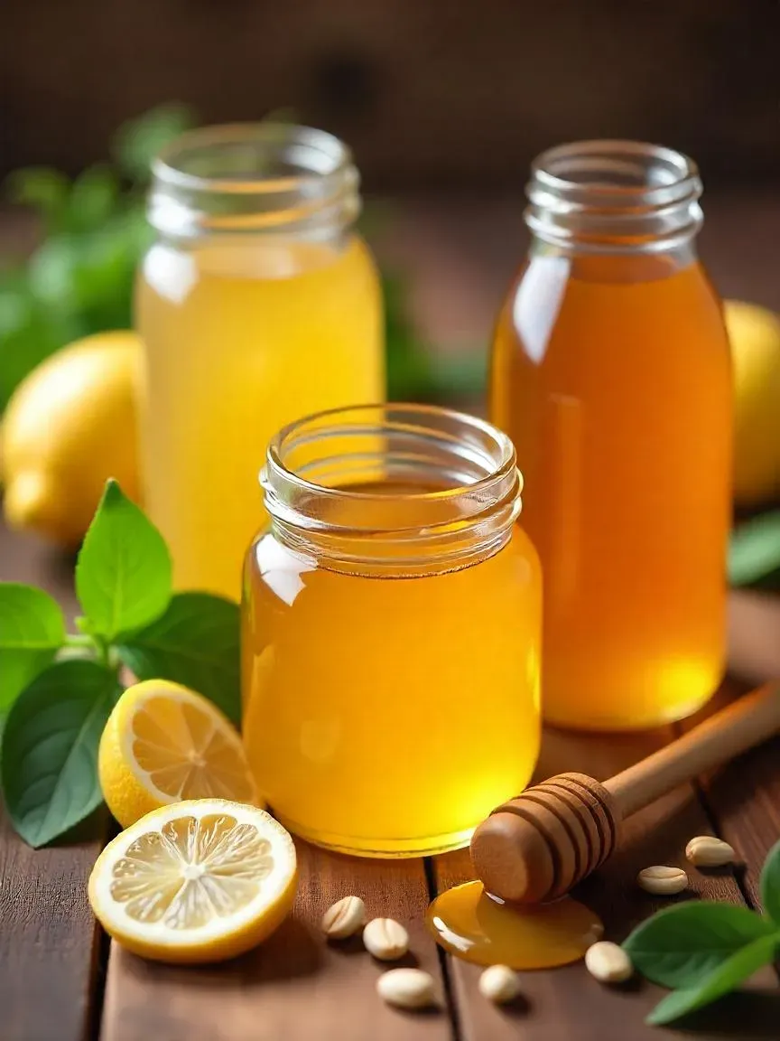 Assorted honey jars with herbs, lemon, grains, and nuts displayed on a rustic table to highlight honey's nutritional and culinary benefits.