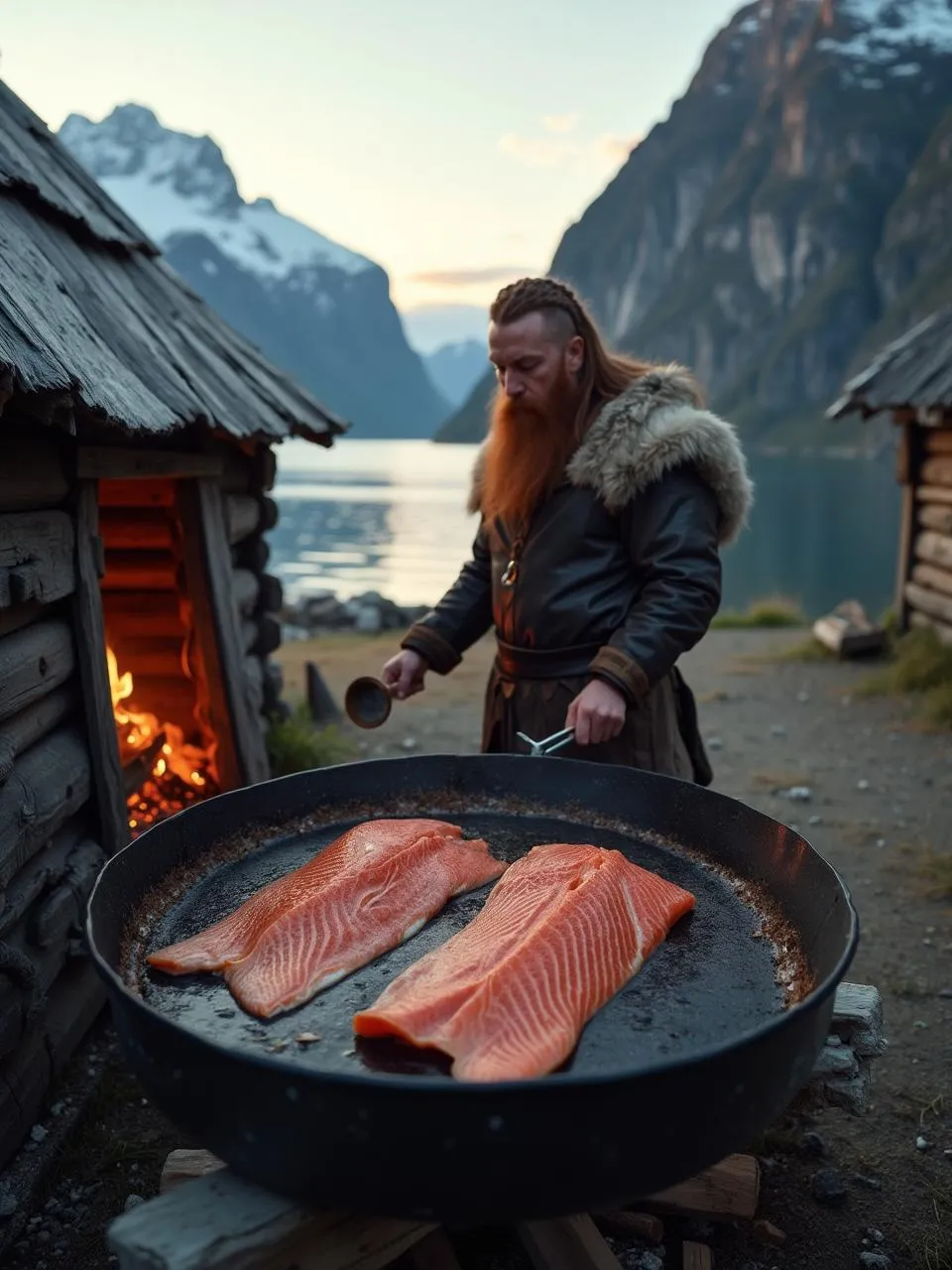 Traditional salmon fillets being smoked in a rustic Norwegian smokehouse near the fjord.