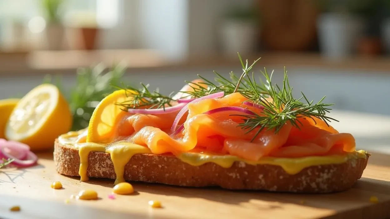 Open-faced sandwich with Norwegian smoked salmon, mustard-dill cream, rye bread, and lemon wedge on a rustic plate.